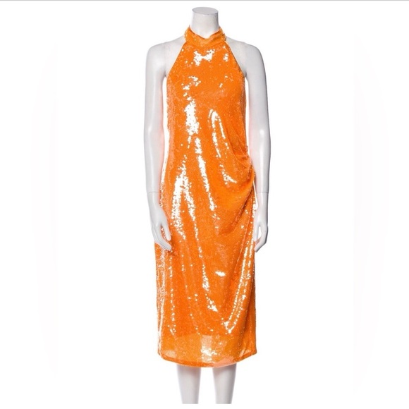 New - Caroline Constas Orange Sequin Midi Party Dress - Size Small - Halter - Picture 2 of 16